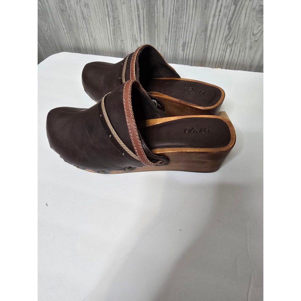 NWT OluKai Dark Brown Leather Scalloped Wooden Platform Clogs Women US 8 EUR 38 - Picture 5 of 7